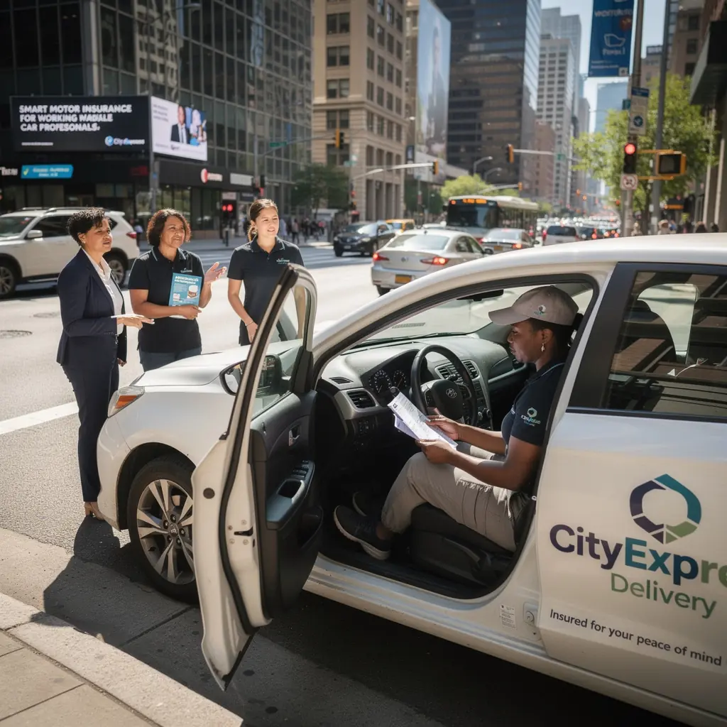 Изображение автомобиля на фоне городского пейзажа, символизирующее страхование автомобилей в США.